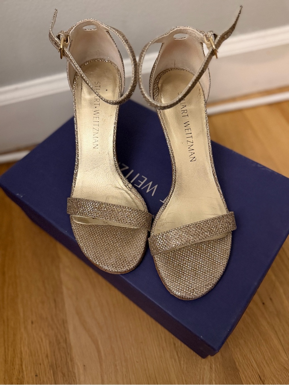 Stuart Weitzman Glittery Gold Ankle-Strap Heels